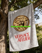 Versace Atelier Golden Medusa Logo Print Flannel Throw Blanket in Gold Red and Gray IMG_1588